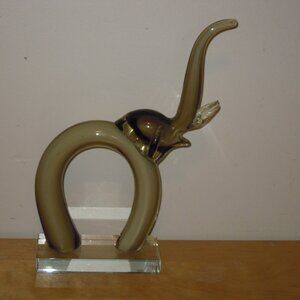 Glass Hand Made Elephant Sculpture Figurine Trunk Up on stand Gold & Clear